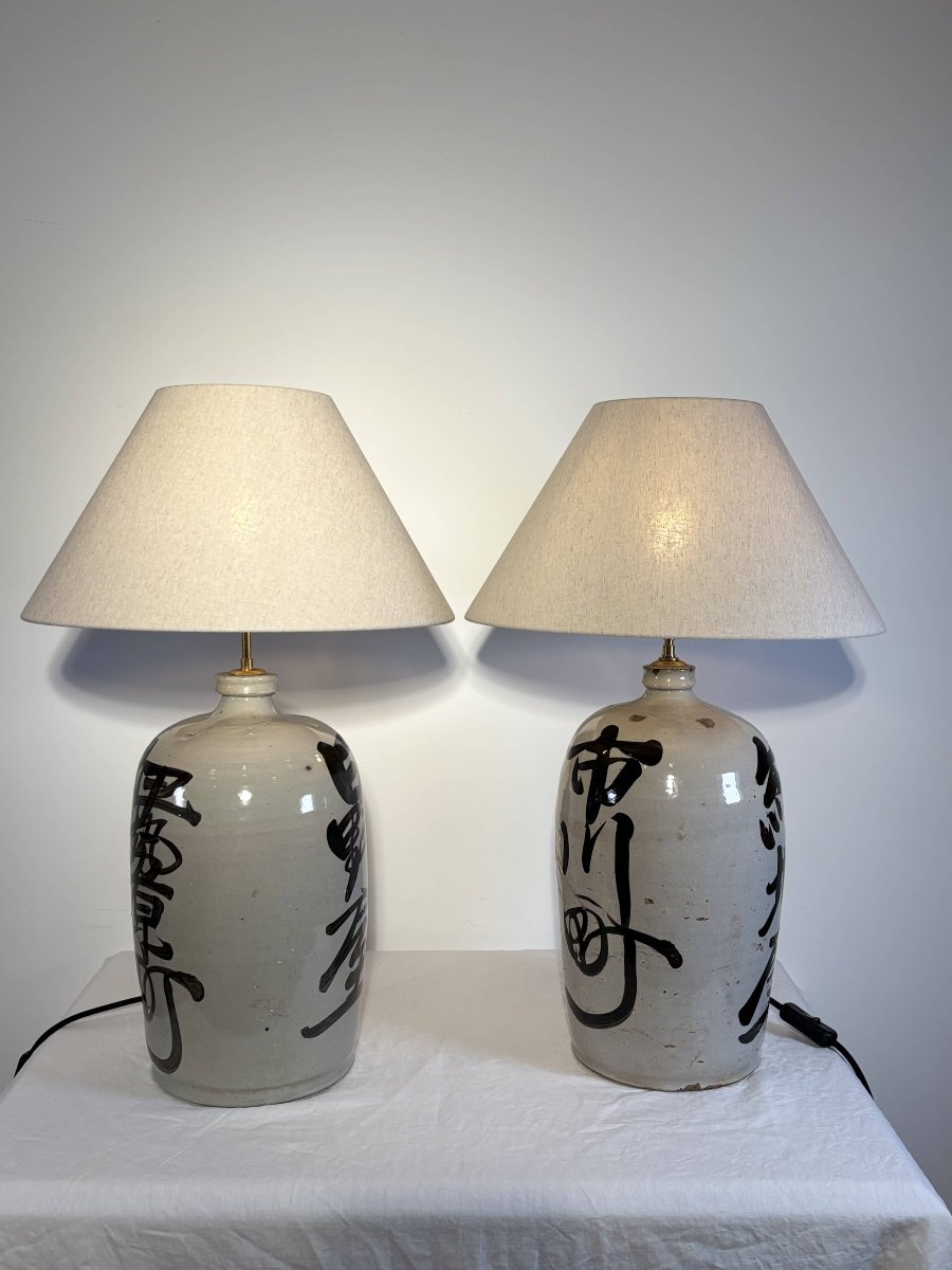 Pair Of Lamps - Japanese Sake Jars, Glazed Stoneware - Japan, 20th Century-photo-6