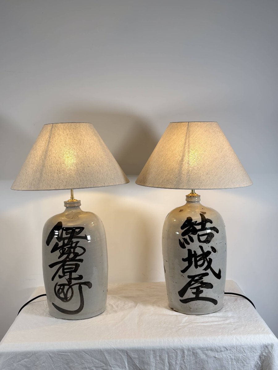Pair Of Lamps - Japanese Sake Jars, Glazed Stoneware - Japan, 20th Century