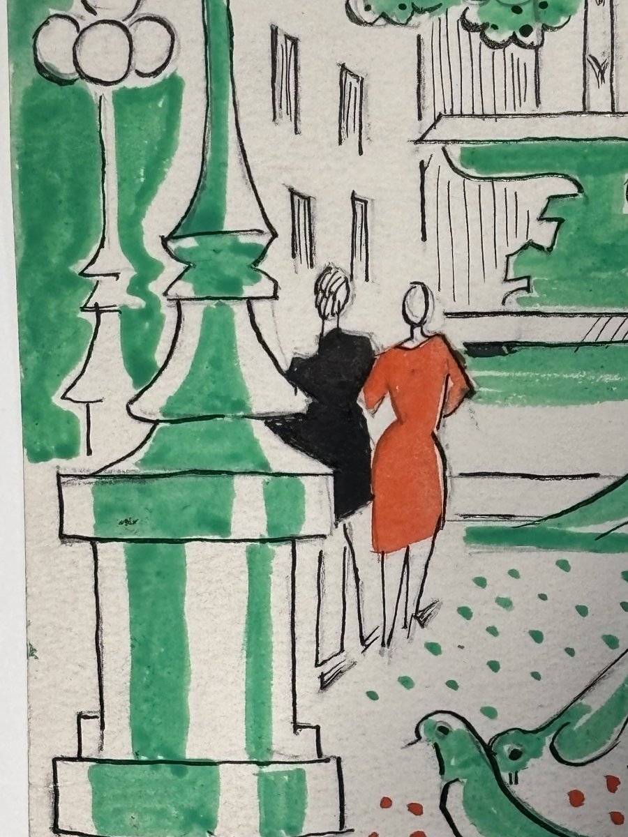 Thérèse Hummel (1896–1967) – *the Lovers, Place De La Comédie* – Signed Watercolors – 20th Century-photo-3