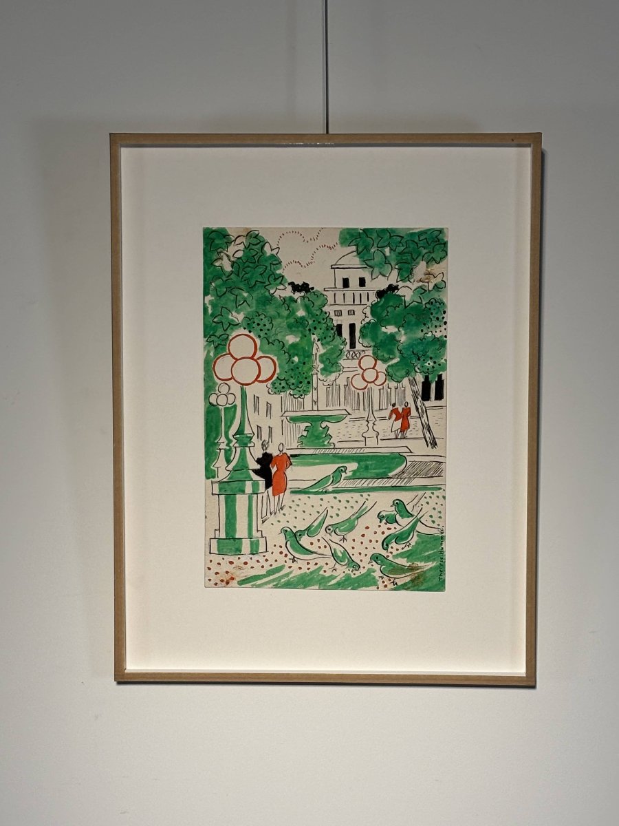 Thérèse Hummel (1896–1967) – *the Lovers, Place De La Comédie* – Signed Watercolors – 20th Century