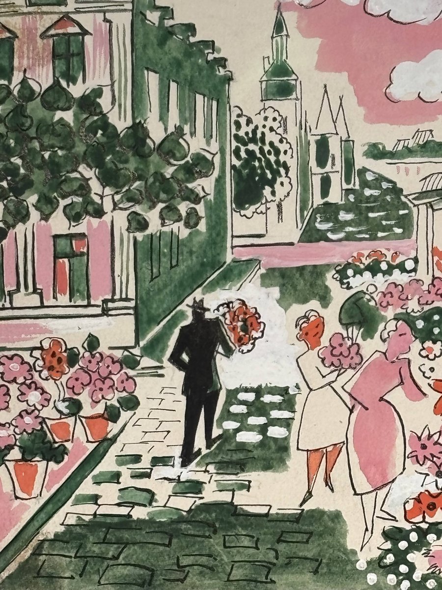 Thérèse Hummel (1896–1967) – The Flower Market - Signed Watercolor - 20th Century-photo-2