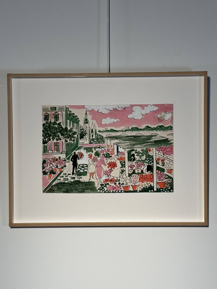 Thérèse Hummel (1896–1967) – The Flower Market - Signed Watercolor - 20th Century-photo-6