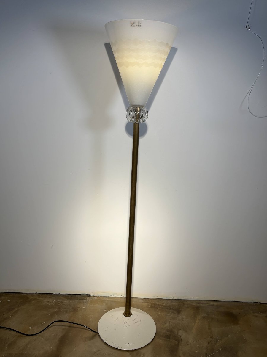 Important Borovier &amp; Toso Floor Lamp, Murano, Hand-blown Opaline Glass Bowl, Italy, Circa 1980-photo-2