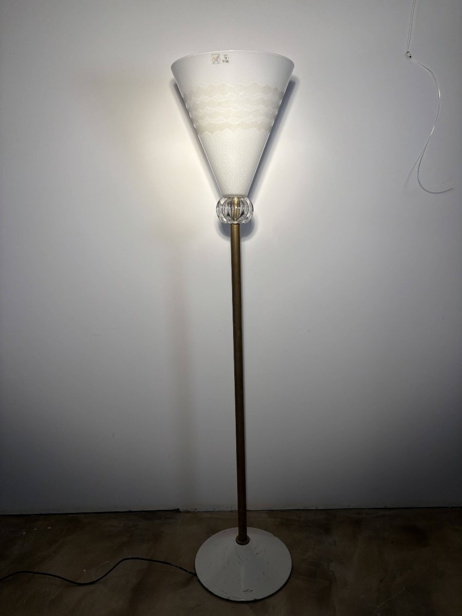 Important Borovier &amp; Toso Floor Lamp, Murano, Hand-blown Opaline Glass Bowl, Italy, Circa 1980-photo-2