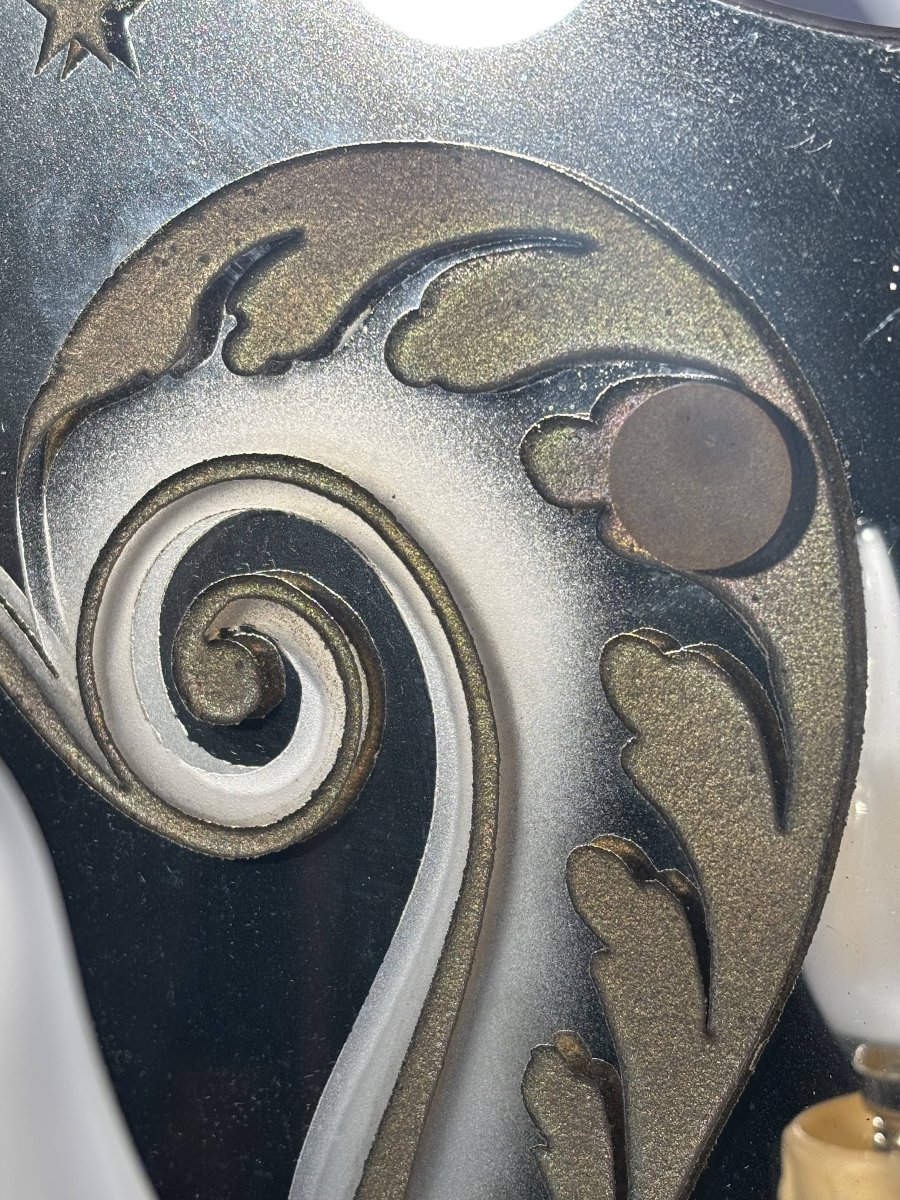 Paire d'appliques miroirs en verre gravé et bois doré, Italie, vers 1950-photo-5