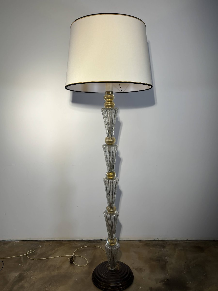 Large Italian Floor Lamp Made Of Murano Glass With Gold Inclusions—italy, Circa 1940–1950.-photo-3