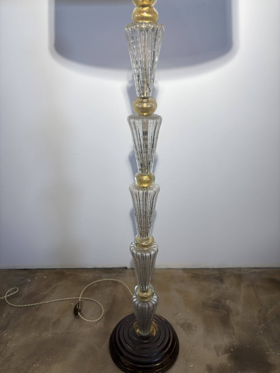 Large Italian Floor Lamp Made Of Murano Glass With Gold Inclusions—italy, Circa 1940–1950.-photo-4
