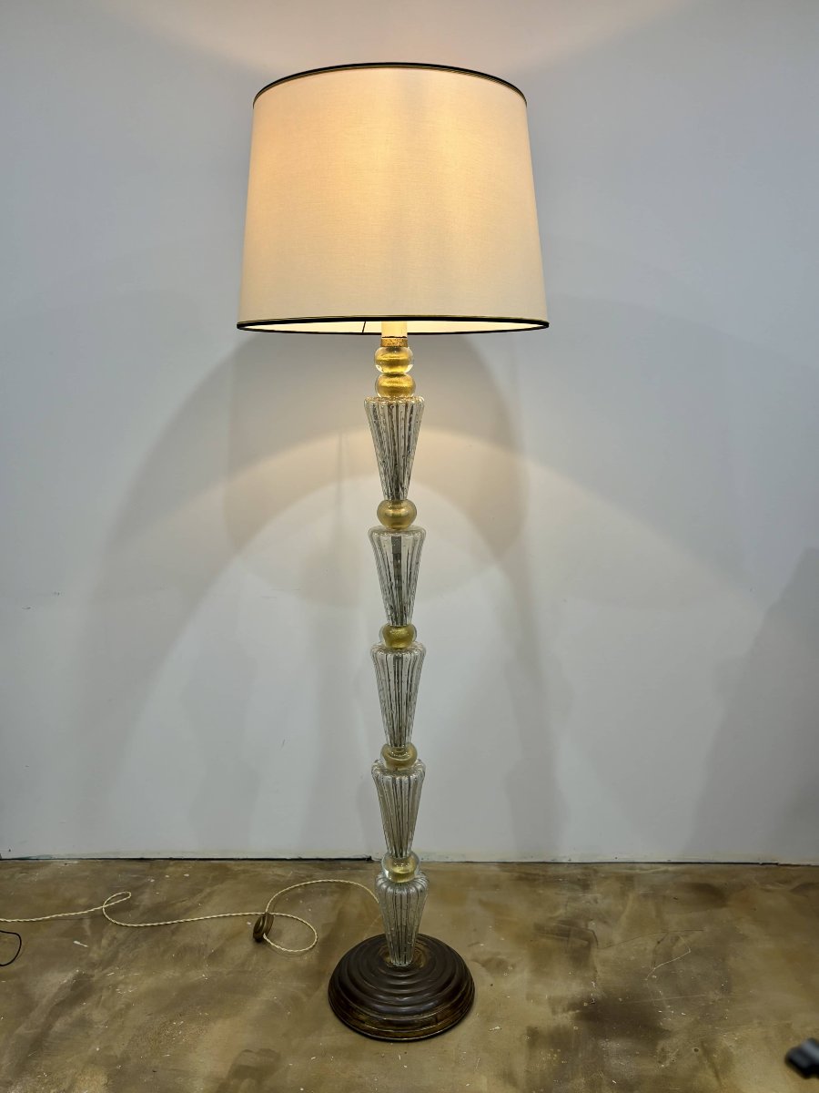 Large Italian Floor Lamp Made Of Murano Glass With Gold Inclusions—italy, Circa 1940–1950.