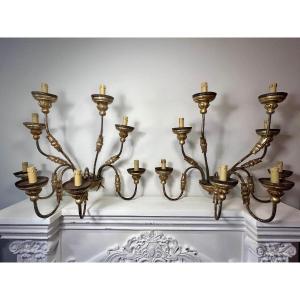 Pair Of Italian Eight-arm Sconces In Golden Wood And Painted Iron, Early 19th Century 