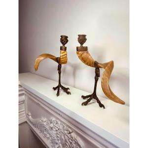 Pair Of Ram Horn Candlesticks By Anthony Redmile