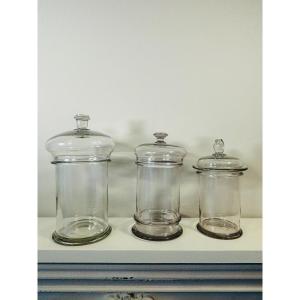  Set Of Three Old Confectionery Jars, In Blown Glass 