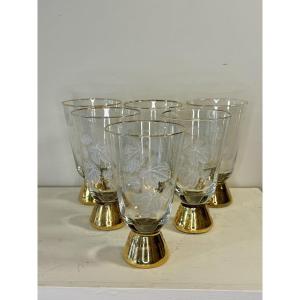 Set Of Six Hand Engraved And Gilded Glasses, Verrerie Laeken Brussels, 40s-50s