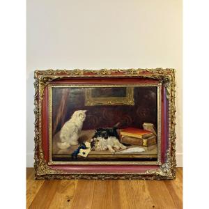 Oil On Panel Cat And Her Kittens, Signed J. Leroy