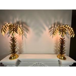 Pair Of Palm Tree Lamps In Gold Leaf Metal, 80s-90s.