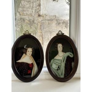 Pair Of Fixed On Glass, Portraits Of Elegant Women, 20th Century