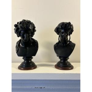 Two Bronze Bustes With Black Patina From Antique, 19th Century