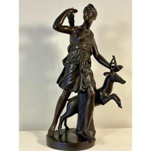 Bronze With Dark Brown Patina Representing Diana With A Doe. After Antique. 19th Century