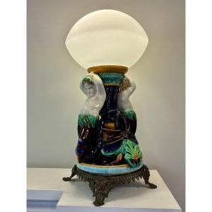 Sarreguemines Earthenware Table Lamp, Decorated With Marine Putti, 19th Century