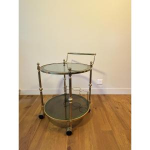 Round Rolling Table In Brass And Glass Tops. Circa 1950.