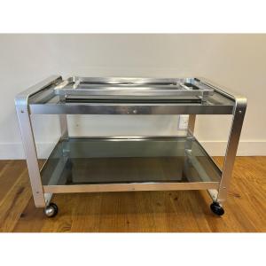 Rolling Trolley In Brushed Steel And Tinted Glass, Sold With Its Tray. 70s