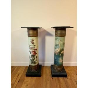 Pair Of Painted Sheet Metal Columns Decorated With Flamingos And Flowers, 19th Cent, Napoleon 3