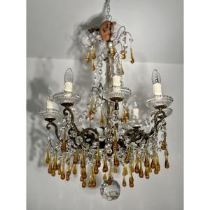 Eight-light Chandelier With Pendants, In Bronze And Crystal, Amber Glass Drops, Circa 1900