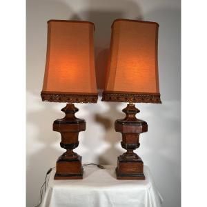 Pair Of Large Italian Lamps In Turned And Patinated Wood - Italy, Circa 1950-1960 
