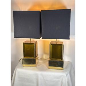 Murano - Pair Of Large Amber And Brass Murano Glass Lamps - Italy, 1980s