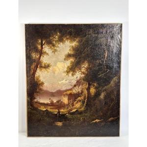 Ecole probablement Allemande, Huile sur toile, paysage romantique avec voyageur, vers 1890-1910