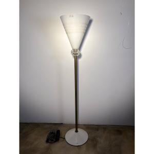 Important lampadaire Borovier & Toso, Murano, Coupe en verre opalin soufflé, Italie circa 1980