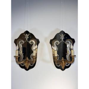 Pair Of Wall Sconces With Engraved Glass Mirrors And Gilded Wood, Italy, Circa 1950