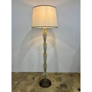 Large Italian Floor Lamp Made Of Murano Glass With Gold Inclusions—italy, Circa 1940–1950.