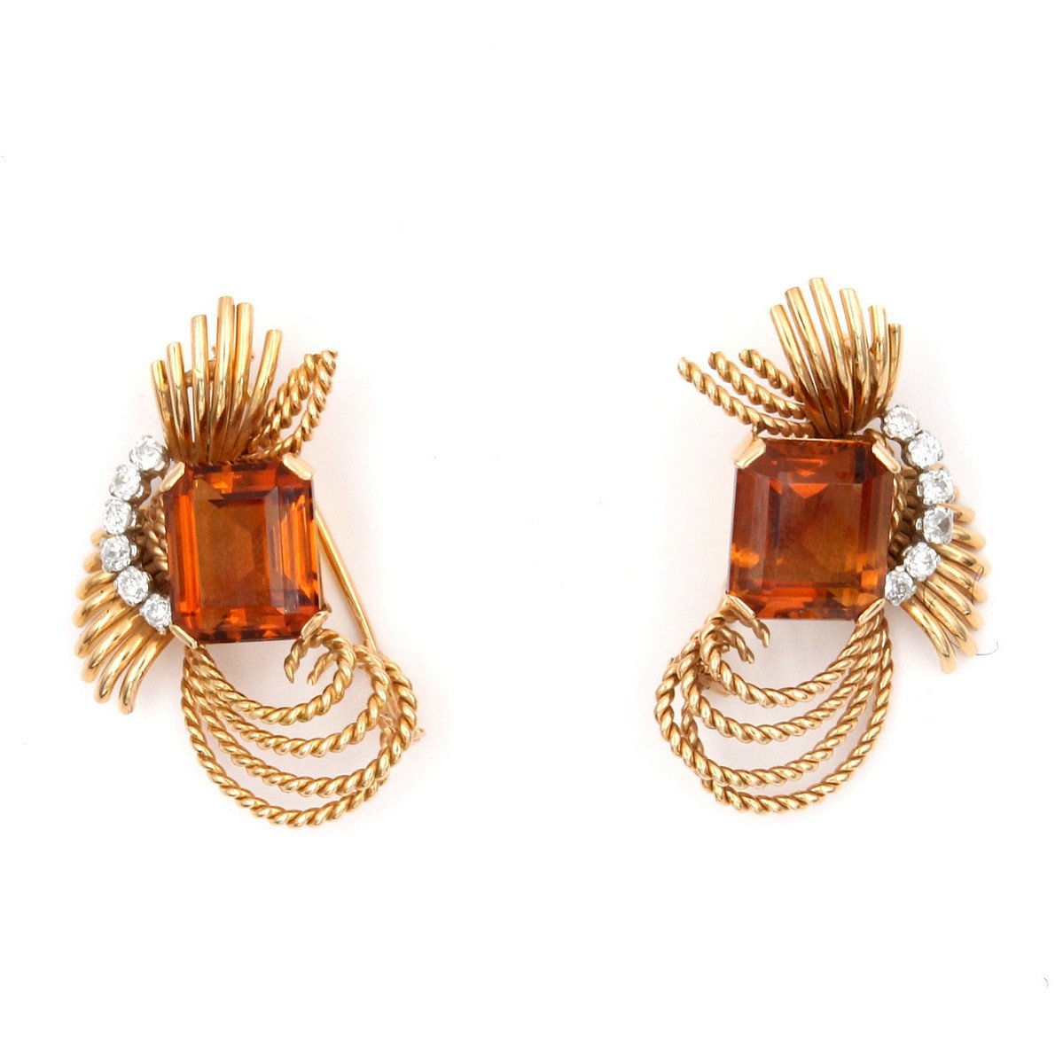 Pair Of Citrine And Diamonds Brooches