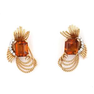 Pair Of Citrine And Diamonds Brooches