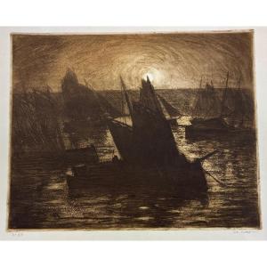 Charles Cottet, Fishing Boats At Setting Sun, 1905, Brittany.