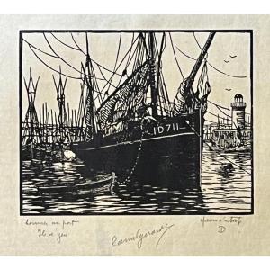 Ile d'Yeu, thoniers au port, gravure sur bois, 1930