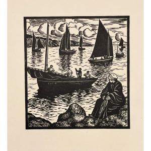 Gravures sur bois, le départ des barques et le port d'Audierne, Bretagne