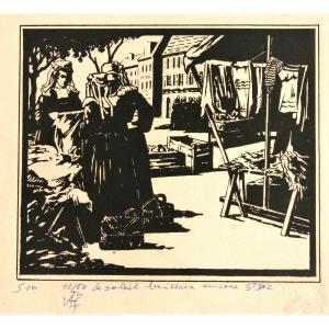 Bretagne, scènes de marché, 2 bois gravés