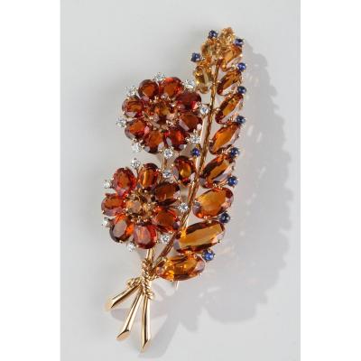 Large Citrines And Sapphires Brooch