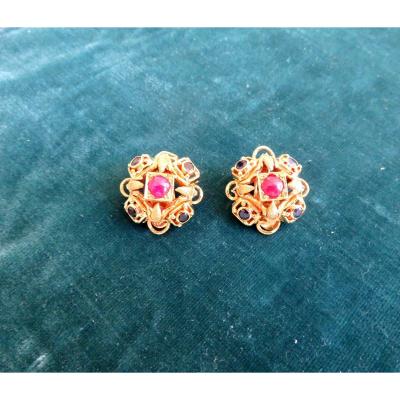 Gold, Ruby And Sapphire Ear Clips