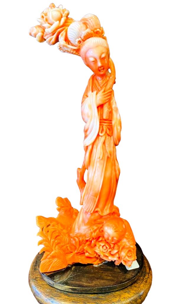 Goddess Of Spring In Red Coral, Asian Art, Circa 1940.