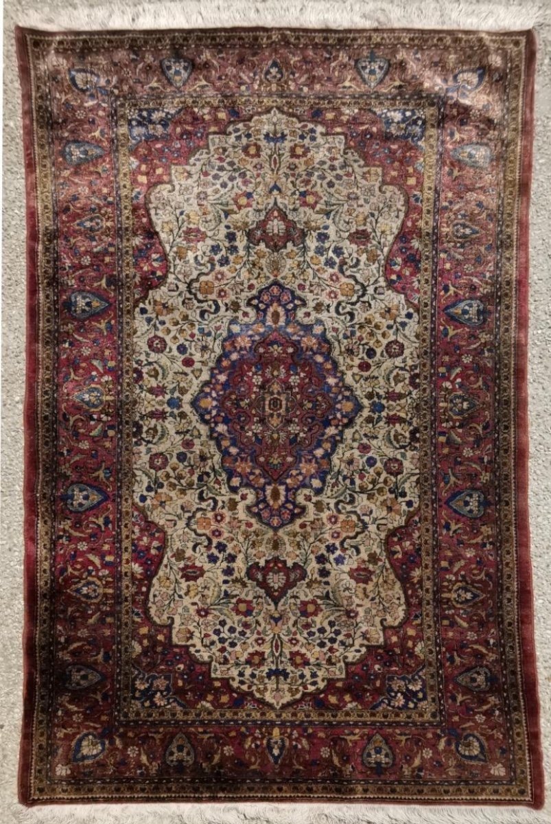 Grand Tapis Kirman Fait En Soie, Iran, 19eme Siècle.-photo-5