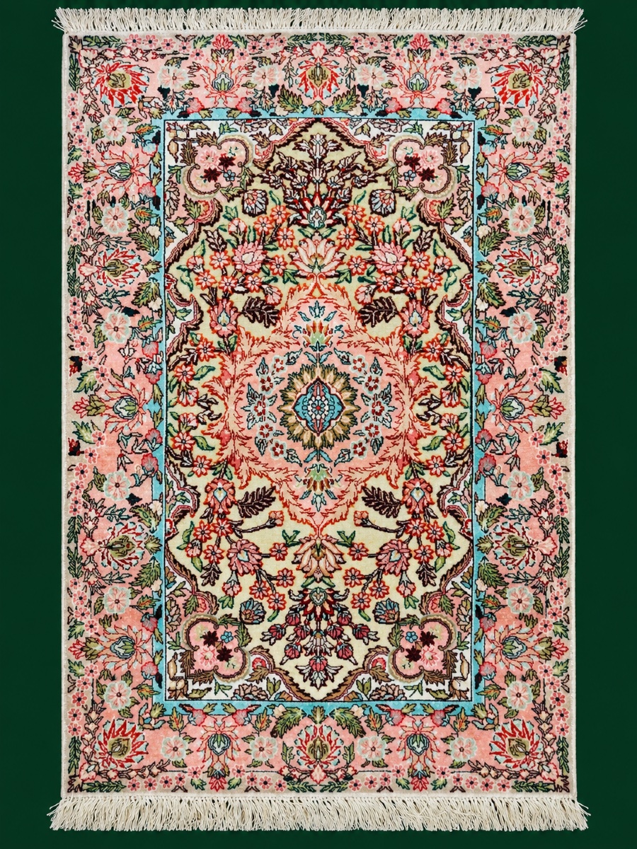 Hereke Carpet Made Of Natural Silk And Gold Thread — Circa 1980, 95 × 60 Cm — 12,000 Knots Per Dm²
