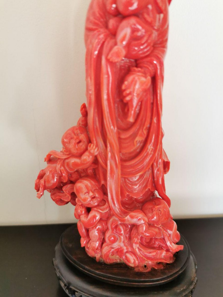 Red Coral China  End Of 19th Century - Goddess Surrounded By Four Children-photo-3