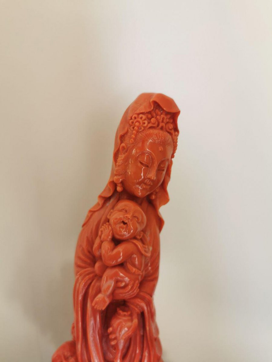 Red Coral China  End Of 19th Century - Goddess Surrounded By Four Children-photo-4