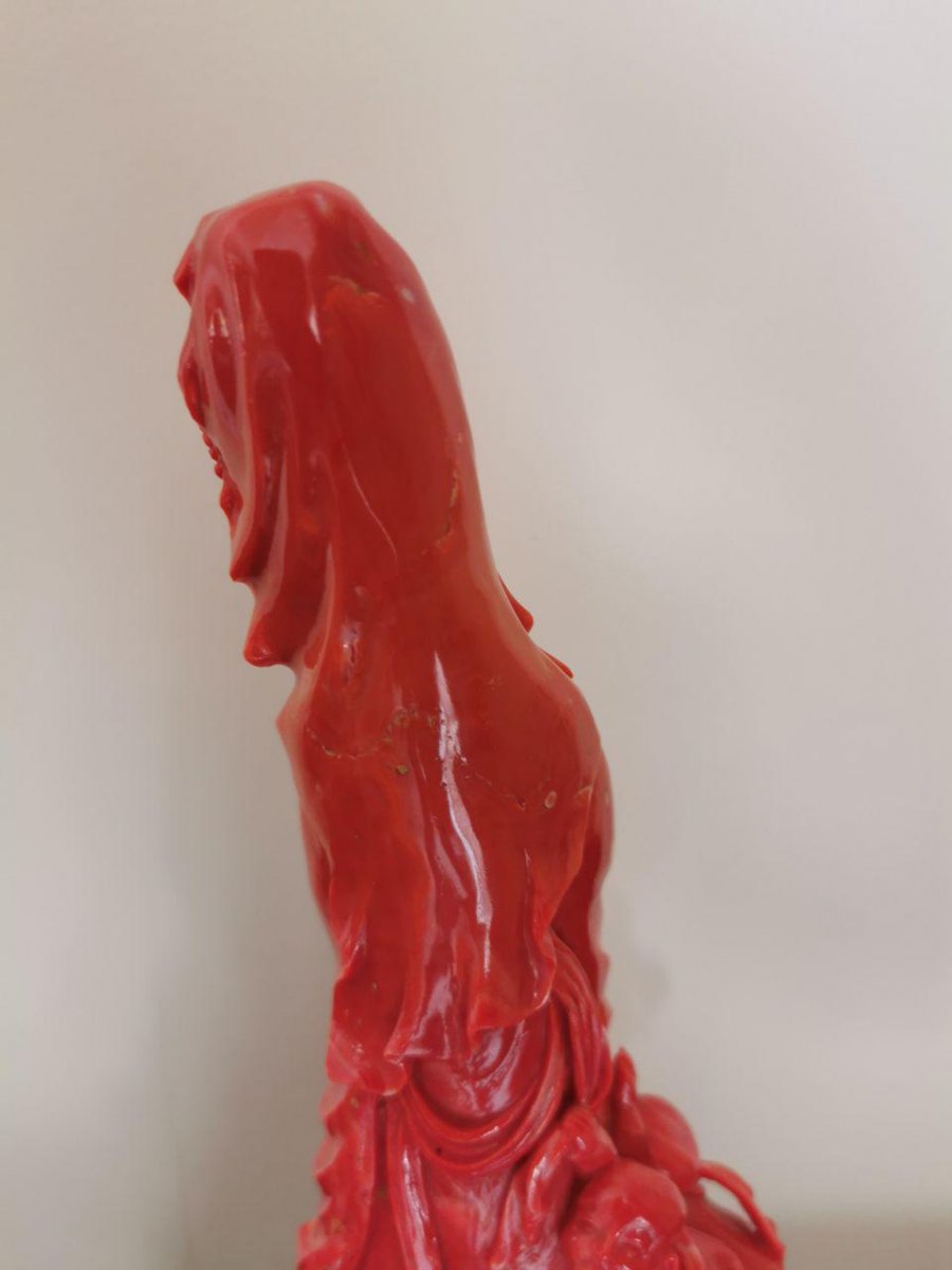 Red Coral China  End Of 19th Century - Goddess Surrounded By Four Children-photo-2