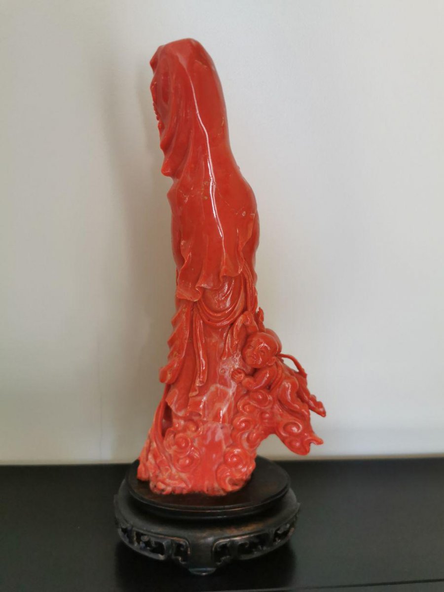 Red Coral China  End Of 19th Century - Goddess Surrounded By Four Children-photo-3