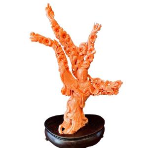 Sculpture Made In Red Coral, Asian Art, Circa 1930.