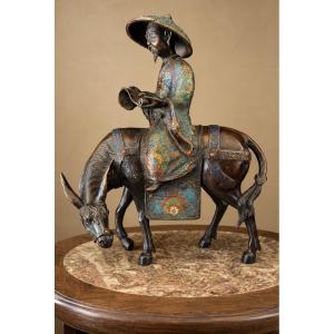 Toba On His Mule, In Cloisonné Bronze 