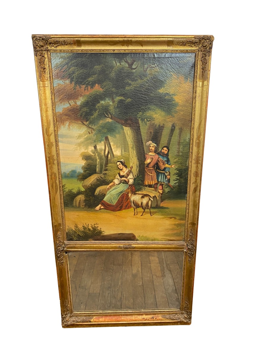 19th Century Gilded Wood Trumeau With Romantic Scene - 69cm X 140cm